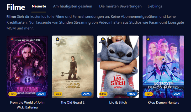 Screenshot der Filmpalast Benutzeroberfläche die verschiedene Filmtitel und Serienepisoden anzeigt